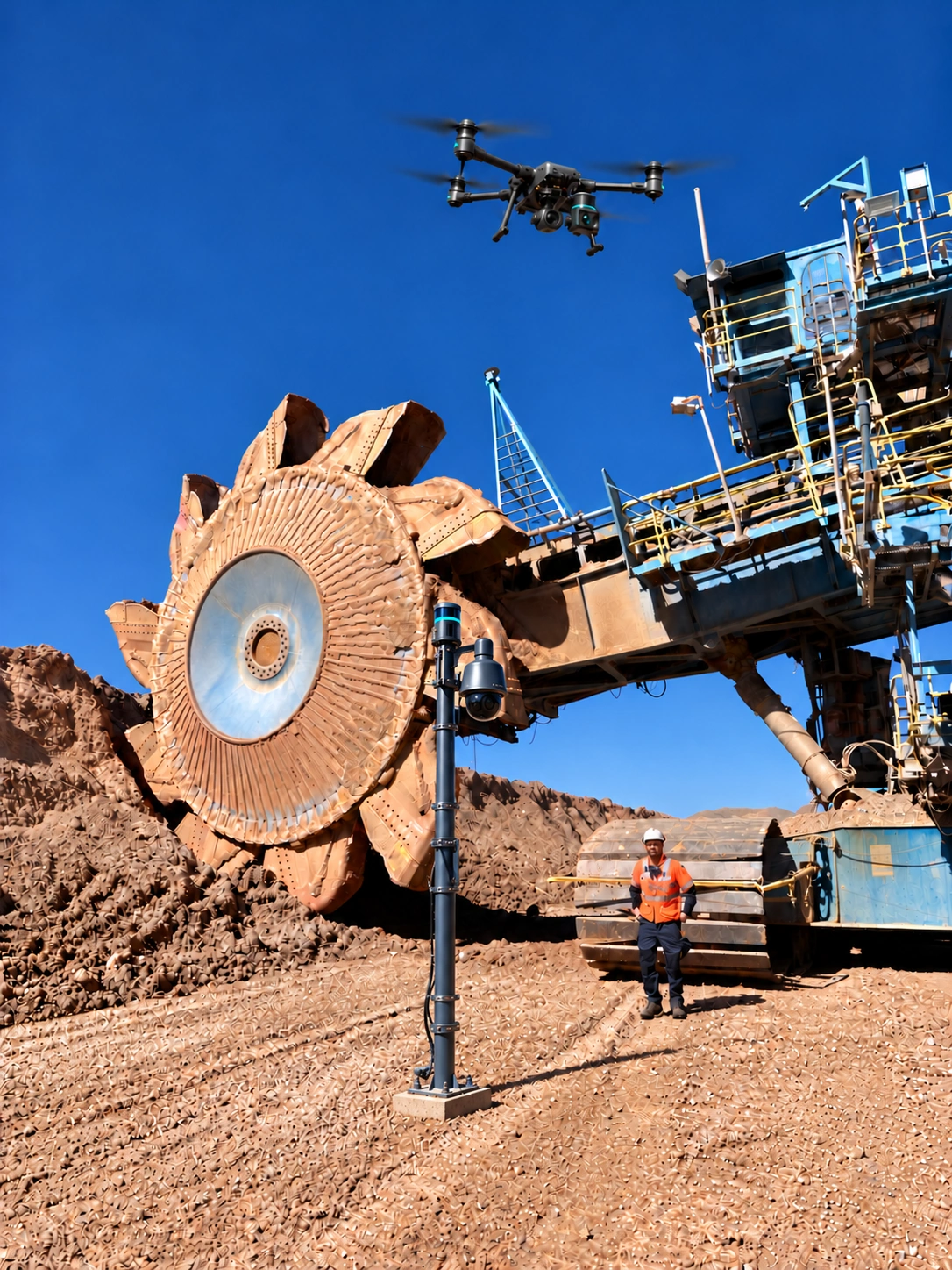Rotopala minera con un trabajador, un dron y una cámara de monitoreo